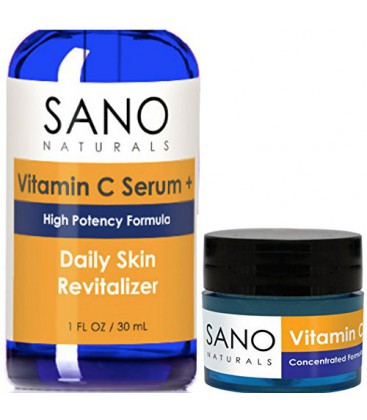 Vitamine C Sérum Visage 20% + Bonus GRATUIT Crème pour les yeux avec de l'acide hyaluronique pour Anti rides, Soin Anti Aging Sk