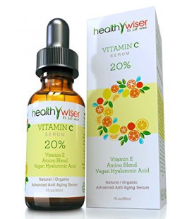 HealthyWiser® - ORGANIQUE Vitamine C Sérum Visage 20% de vitamine E + Vegan Acide Hyaluronique + Aloe, l'huile de jojoba + Amino