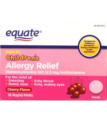Equate Allergy Relief de 18ct pour les enfants (saveur de cerise) Comparer à Benadryl Allergy FastMelt pour enfants