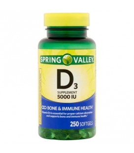 Spring Valley supplément de vitamine D3 Gélules 5000 UI 250 ct