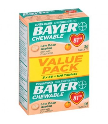 Aspirine Bayer Regimen 81mg comprimés à croquer Analgésique Orange 108 Count