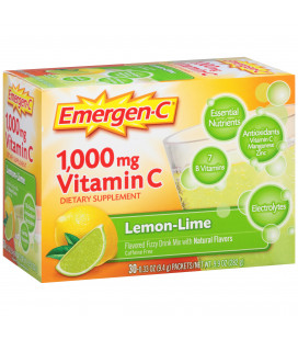 Emergen-C (30 Count arôme citron-lime) Complément alimentaire boisson gazeuse Mélanger avec 1000 mg de vitamine C 033 Packets