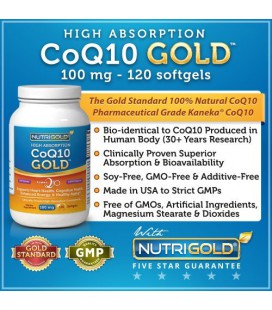 NutriGold CoQ10, 100mg, 120 Softgels - High Absorption CoQ10 GOLD with Kaneka Q10